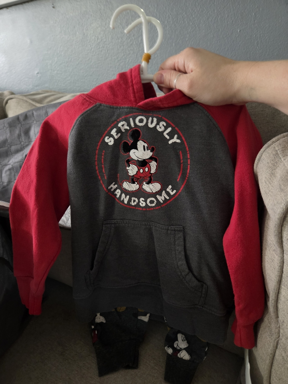 Disney 'Seriously Handsome' Mickey Hoodie in Dark Gray & Red